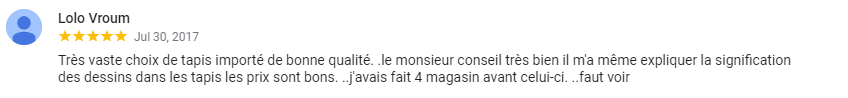 Témoignage cinq étoiles d'un client heureux après avoir acheté un tapis chez nous.